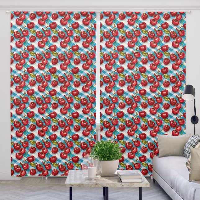 Cute Cherry and Blue Plaid Pattern Sheer Curtains (Living Room)
