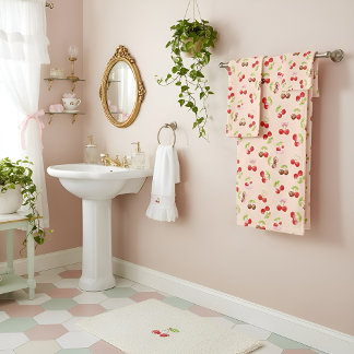 Cute Cherry and Bow Pattern Sweet Aesthetic Bath Towel Set