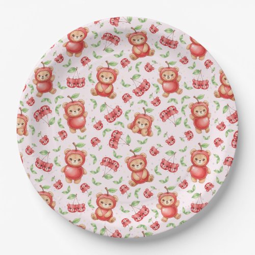 Cute Cherry Bear and Fruit Seamless Pattern Paper Plates