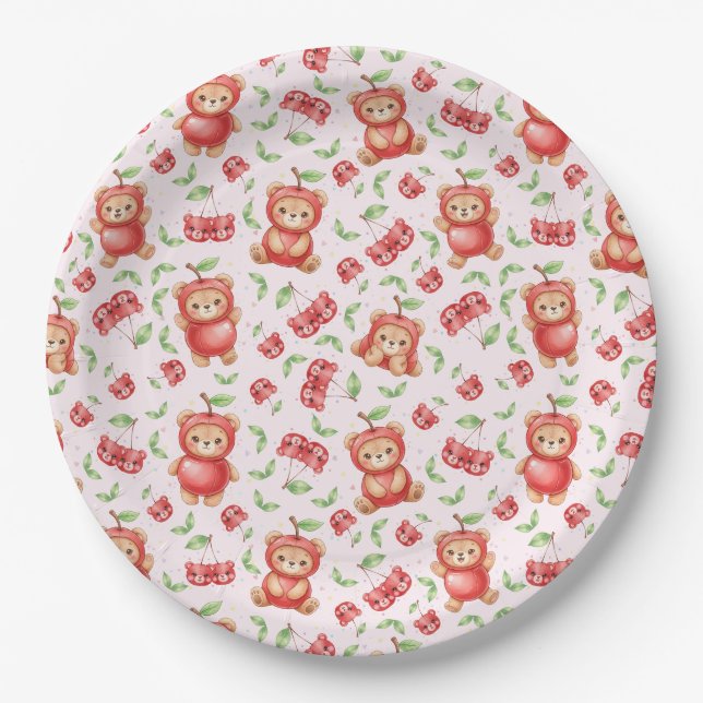 Cute Cherry Bear and Fruit Seamless Pattern Paper Plates (Front)