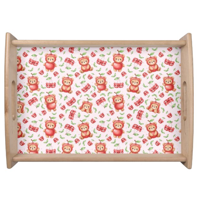 Cute Cherry Bear and Fruit Seamless Pattern Serving Tray (Front)