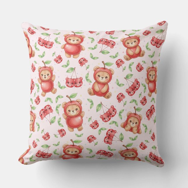Cute Cherry Bear and Fruit Seamless Pattern Throw Pillow (Front)