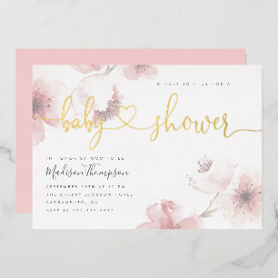 Cute Cherry Blossom Gold Script Floral Baby Shower Foil Invitation