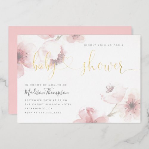 Cute Cherry Blossom Gold Script Floral Baby Shower Foil Invitation