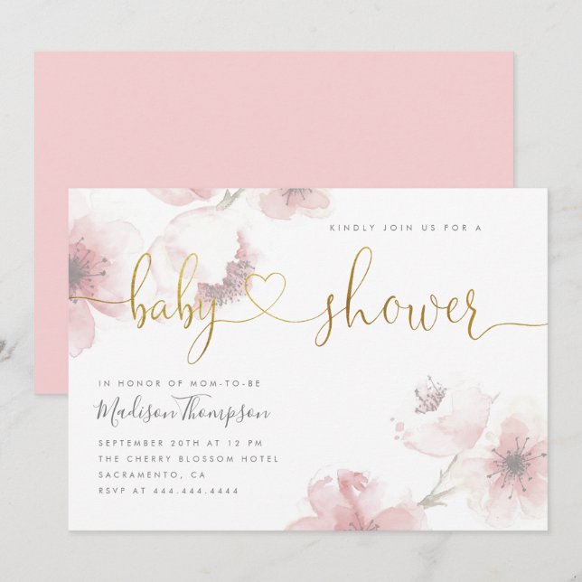 Cute Cherry Blossom Gold Script Floral Baby Shower Invitation (Front/Back)