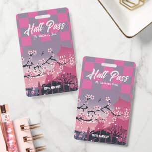 Cute Cherry Blossom Hall Pass Customizable Checker Badge