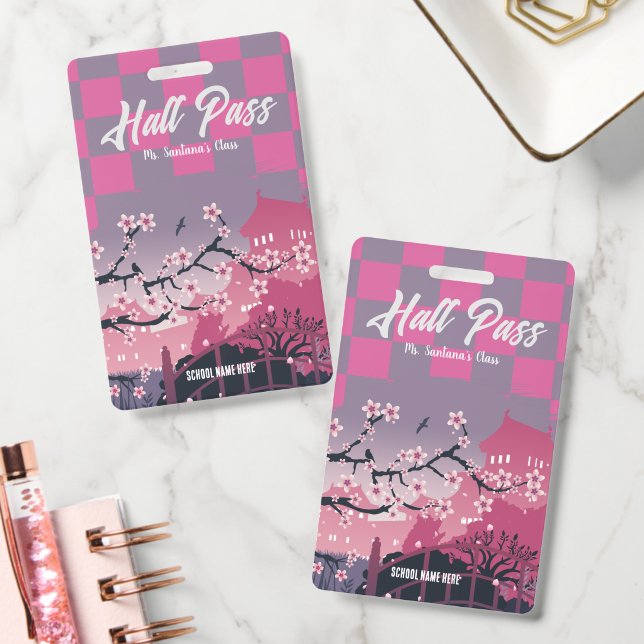 Cute Cherry Blossom Hall Pass Customizable Checker Badge (Office)