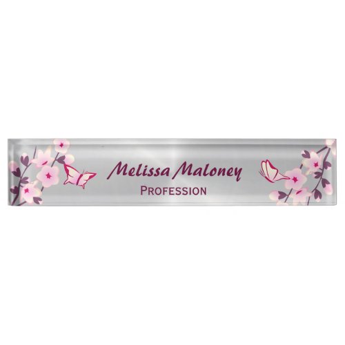 Cute Cherry Blossoms And Butterflies Pink Silver Nameplate