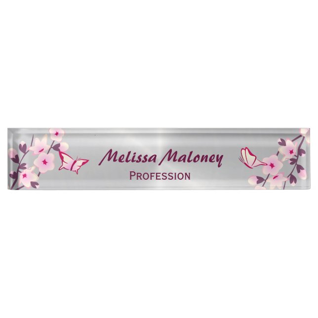 Cute Cherry Blossoms And Butterflies Pink Silver Nameplate (Front)