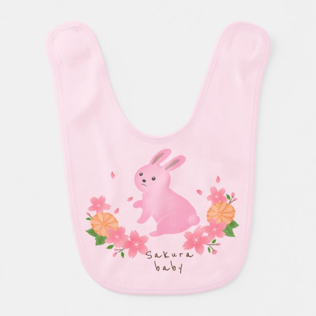 Cute Cherry Blossoms and Pink Rabbit Japanese Styl Baby Bib (Front)
