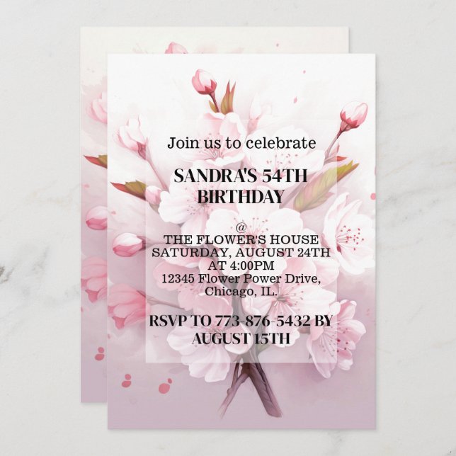 Cute Cherry Blossoms Birthday Party Invitations (Front/Back)