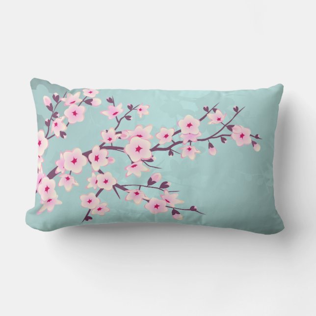 Cute Cherry Blossoms Pink Turquoise Lumbar Pillow (Front)