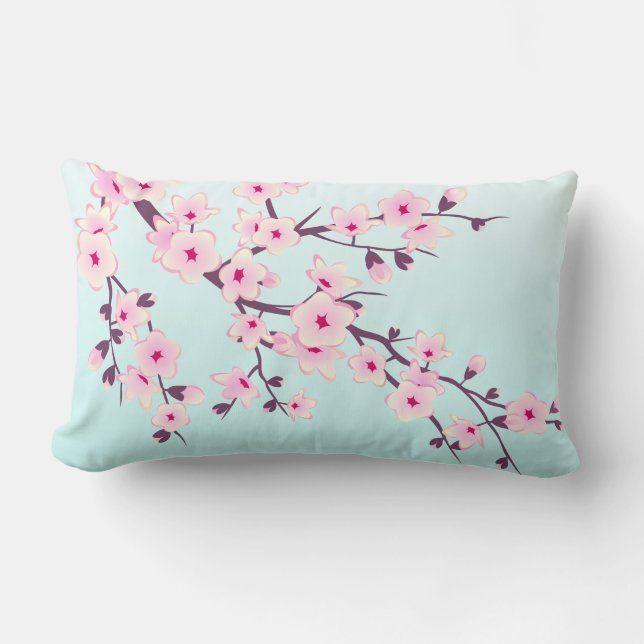 Cute Cherry Blossoms Pink Turquoise Lumbar Pillow (Front)