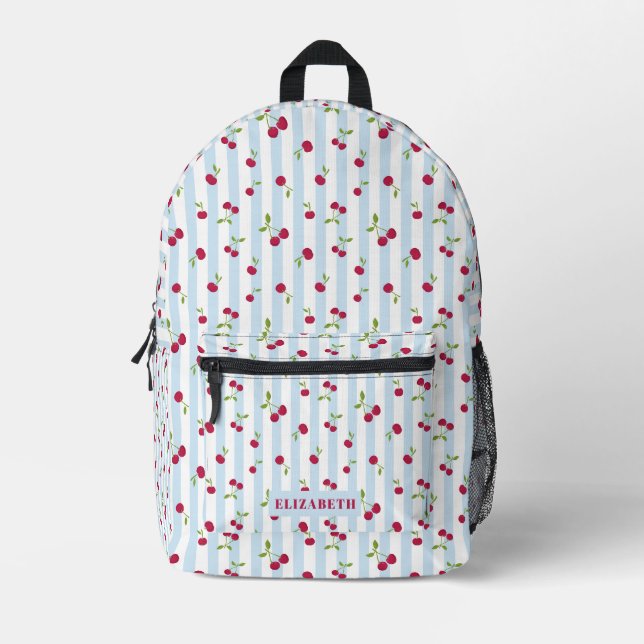 Cute Cherry Blue Stripes Retro Personalized Printed Backpack (Front)