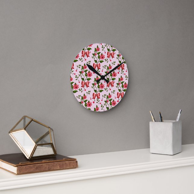 Cute Cherry Bow floral Pattern  Round Clock (Office)