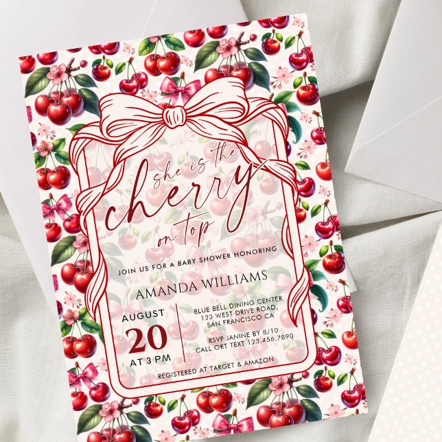 Cute Cherry Bow Themed Baby Shower Invitation (Creator Uploaded)