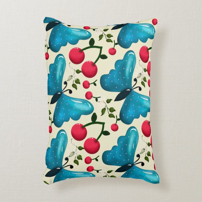 Cute Cherry Butterfly Pattern, Glossy Kawaii Fruit Accent Pillow (Front(Vertical))