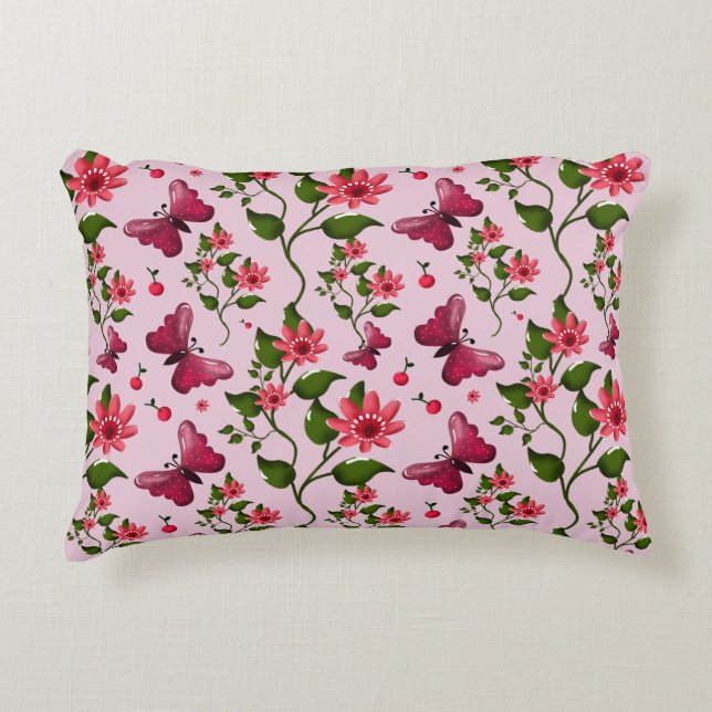 Cute Cherry Butterfly Pattern, Glossy Kawaii Fruit Accent Pillow (Front)