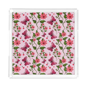 Cute Cherry Butterfly Pattern, Glossy Kawaii Fruit Acrylic Tray