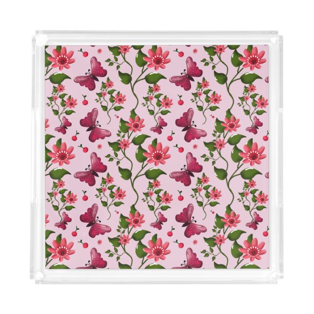 Cute Cherry Butterfly Pattern, Glossy Kawaii Fruit Acrylic Tray (Front)