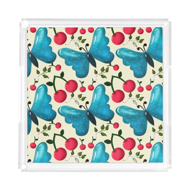 Cute Cherry Butterfly Pattern, Glossy Kawaii Fruit Acrylic Tray (Front)