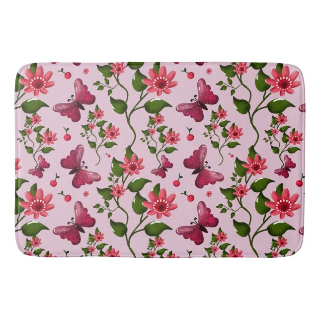 Cute Cherry Butterfly Pattern, Glossy Kawaii Fruit Bath Mat (Front)