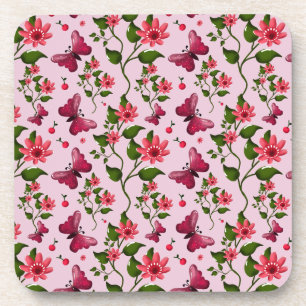 Cute Cherry Butterfly Pattern, Glossy Kawaii Fruit Beverage Coaster