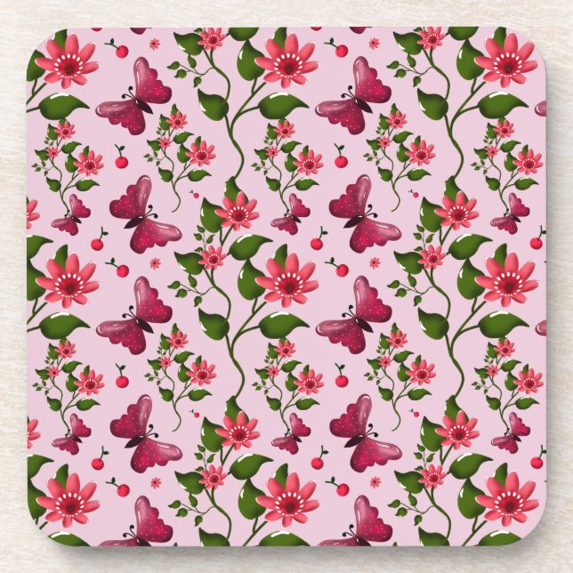 Cute Cherry Butterfly Pattern, Glossy Kawaii Fruit Beverage Coaster (Front)