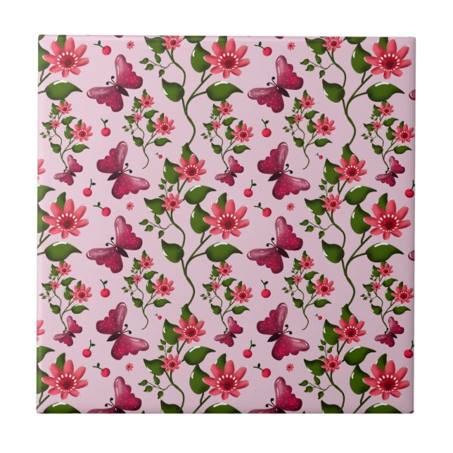 Cute Cherry Butterfly Pattern, Glossy Kawaii Fruit Ceramic Tile (Front)