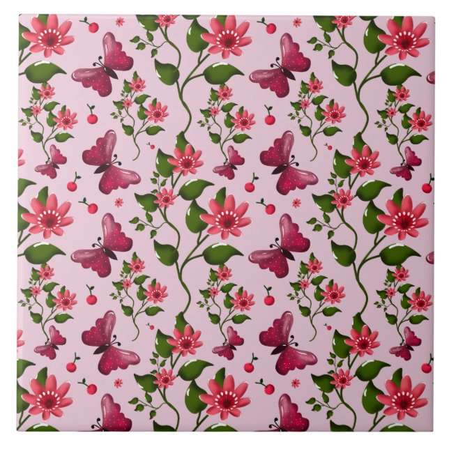 Cute Cherry Butterfly Pattern, Glossy Kawaii Fruit Ceramic Tile (Front)