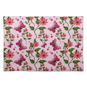 Cute Cherry Butterfly Pattern, Glossy Kawaii Fruit Cloth Placemat