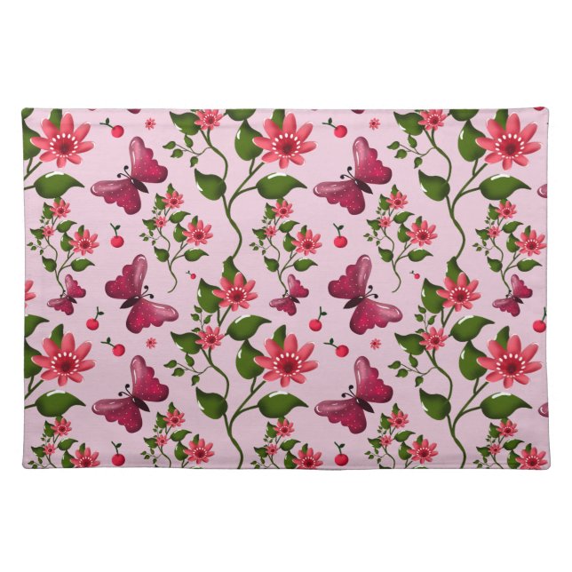 Cute Cherry Butterfly Pattern, Glossy Kawaii Fruit Cloth Placemat (Front)