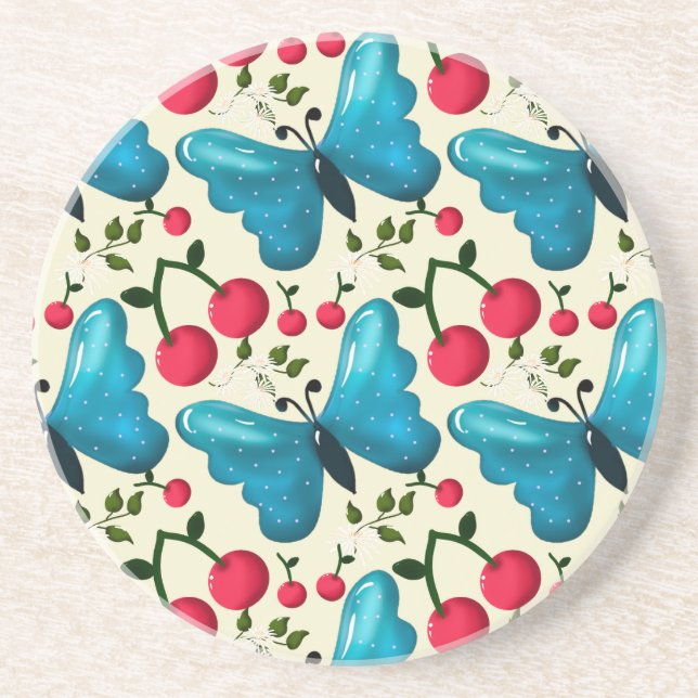Cute Cherry Butterfly Pattern, Glossy Kawaii Fruit Coaster (Front)