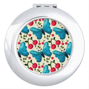 Cute Cherry Butterfly Pattern, Glossy Kawaii Fruit Compact Mirror