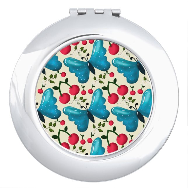 Cute Cherry Butterfly Pattern, Glossy Kawaii Fruit Compact Mirror (Front)