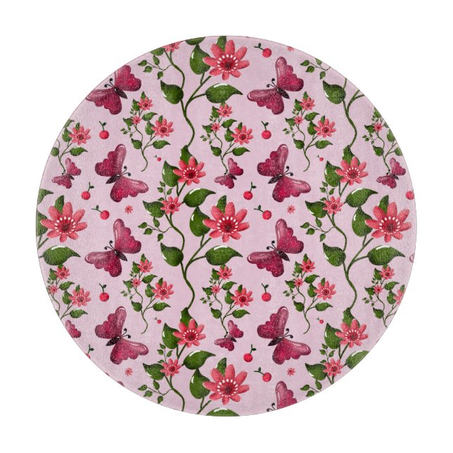 Cute Cherry Butterfly Pattern, Glossy Kawaii Fruit Cutting Board (Front)