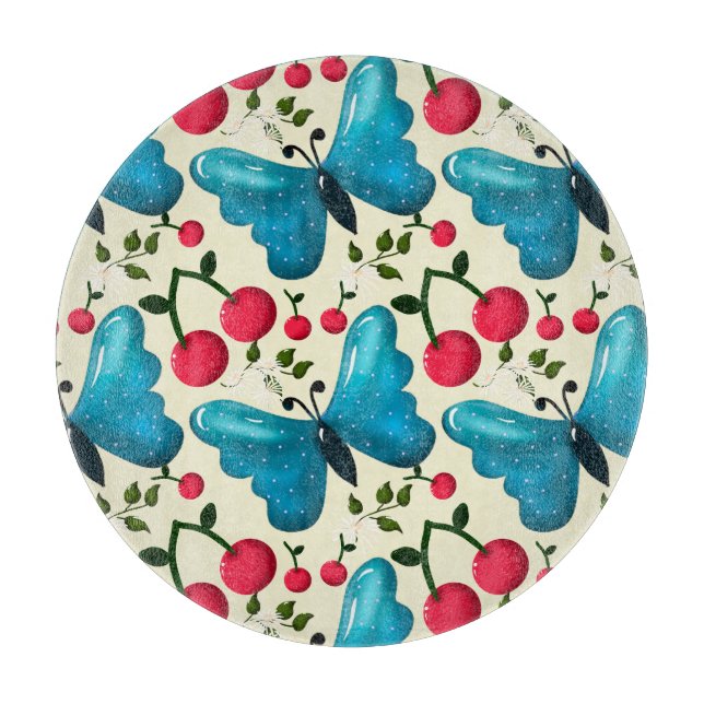 Cute Cherry Butterfly Pattern, Glossy Kawaii Fruit Cutting Board (Front)