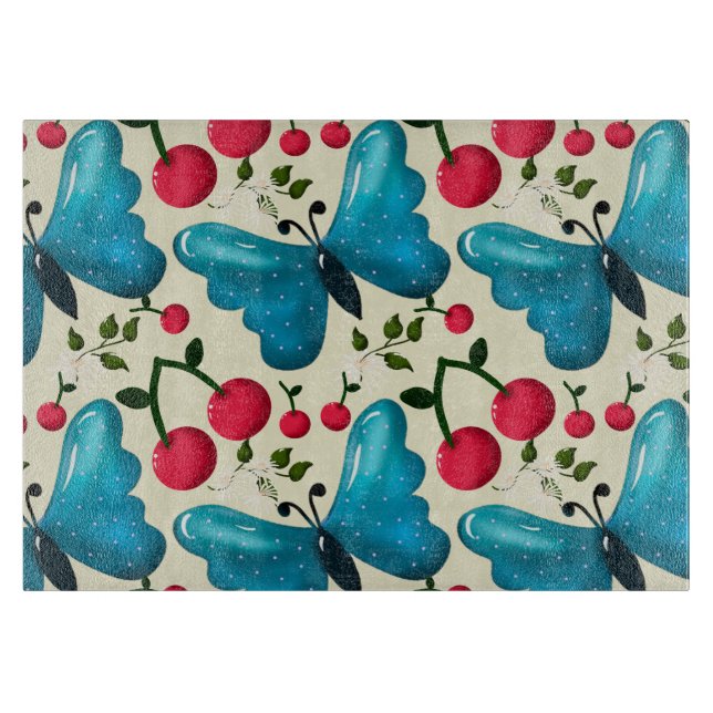 Cute Cherry Butterfly Pattern, Glossy Kawaii Fruit Cutting Board (Front)