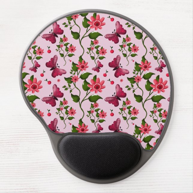 Cute Cherry Butterfly Pattern, Glossy Kawaii Fruit Gel Mouse Pad (Front)