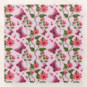 Cute Cherry Butterfly Pattern, Glossy Kawaii Fruit Glass Coaster