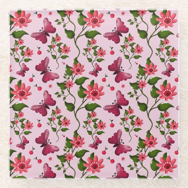 Cute Cherry Butterfly Pattern, Glossy Kawaii Fruit Glass Coaster (Front)