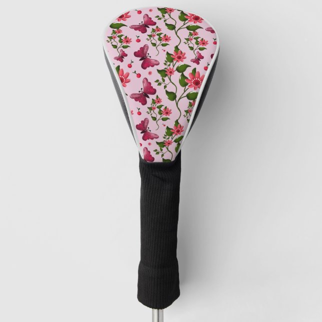 Cute Cherry Butterfly Pattern, Glossy Kawaii Fruit Golf Head Cover (Front)