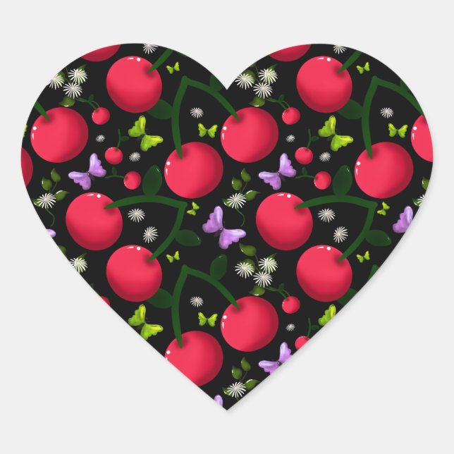 Cute Cherry Butterfly Pattern, Glossy Kawaii Fruit Heart Sticker (Front)