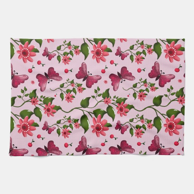 Cute Cherry Butterfly Pattern, Glossy Kawaii Fruit Kitchen Towel (Horizontal)