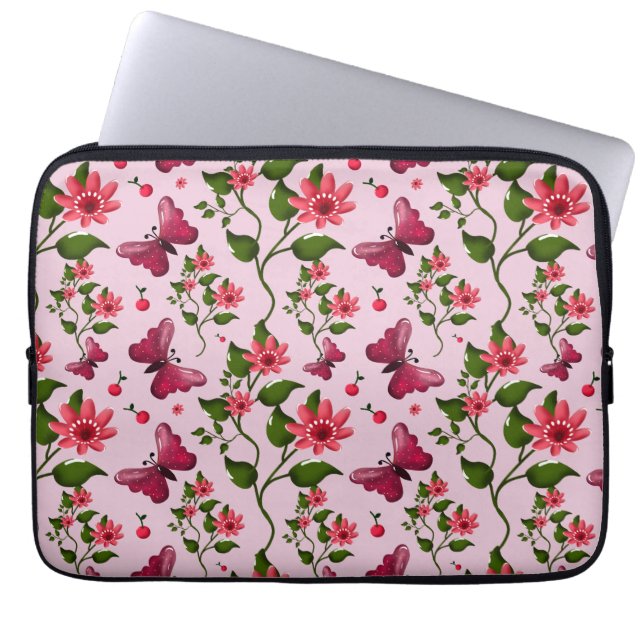 Cute Cherry Butterfly Pattern, Glossy Kawaii Fruit Laptop Sleeve (Front)