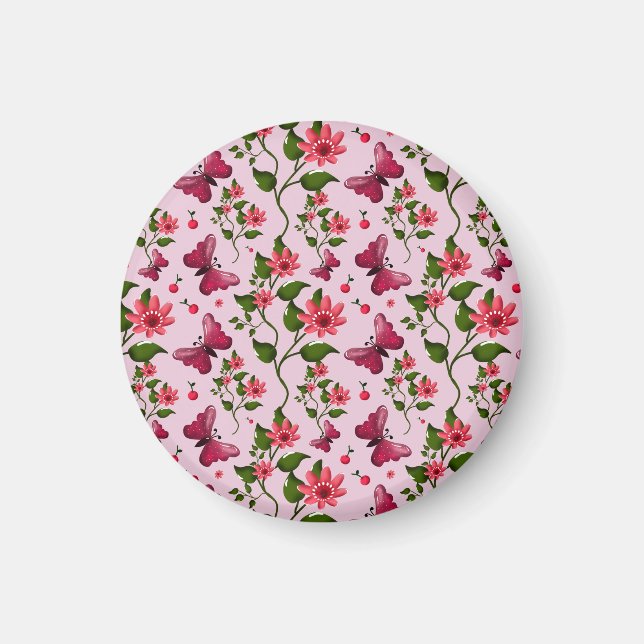Cute Cherry Butterfly Pattern, Glossy Kawaii Fruit Magnet (Front)
