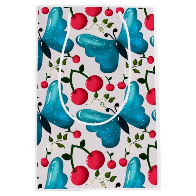 Cute Cherry Butterfly Pattern, Glossy Kawaii Fruit Medium Gift Bag (Front)