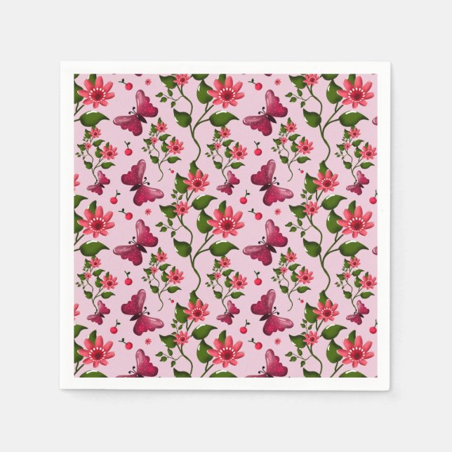 Cute Cherry Butterfly Pattern, Glossy Kawaii Fruit Napkins (Front)