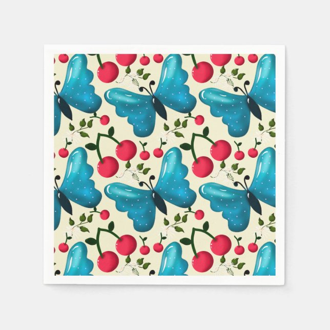 Cute Cherry Butterfly Pattern, Glossy Kawaii Fruit Napkins (Front)