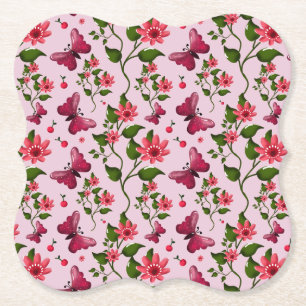 Cute Cherry Butterfly Pattern, Glossy Kawaii Fruit Paper Coaster